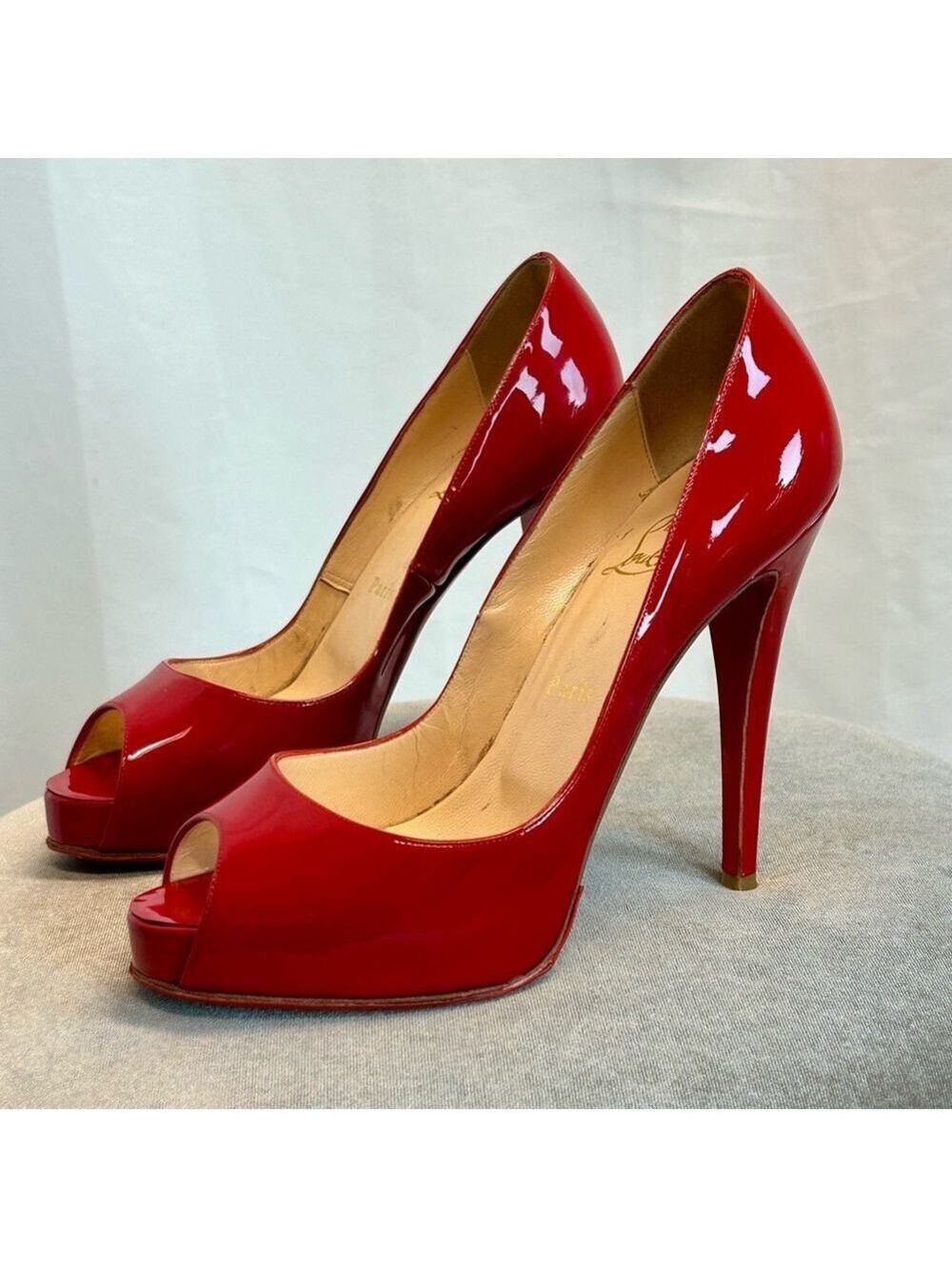 Christian Louboutin Red Patent Leather Hyper Prive Peep Toe Platform Pumps Sz 39